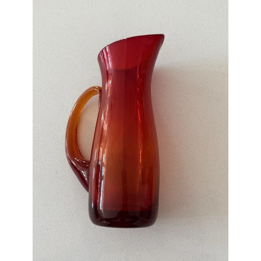 Vintage Small Amberina Glass Hand Blown Glowing‎ Pitcher with Orange Handle 7.5